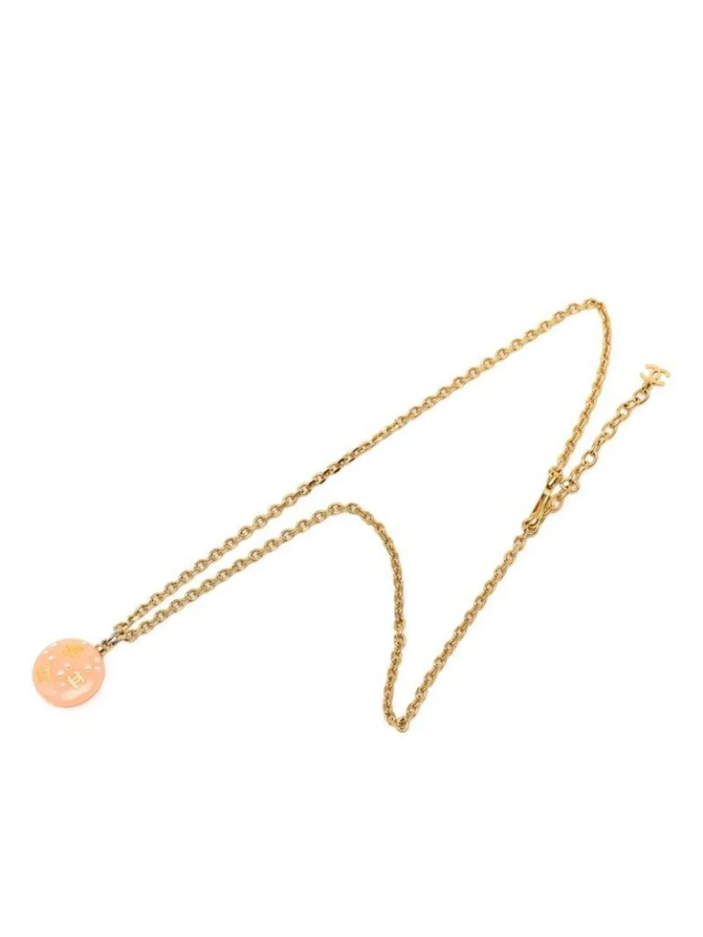Chanel CC Logo Chain Necklace Orange Gold Plastic Faux Pearl Plated